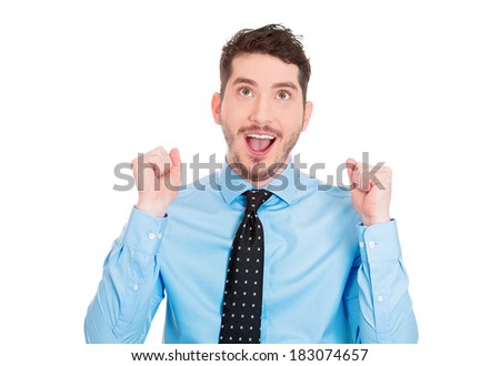 Closeup portrait of excited, energetic, happy, smiling student, business man winning, arms, fist pumped, celebrating success, isolated on white background. Positive human emotion, facial expression