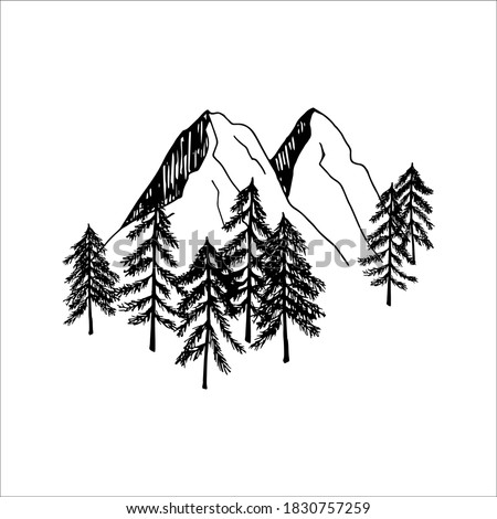Adorable hand drawn vector mountain and trees clip art. Isolated on white background drawing for prints, poster, cute stationery, travel design. High quality landscape
