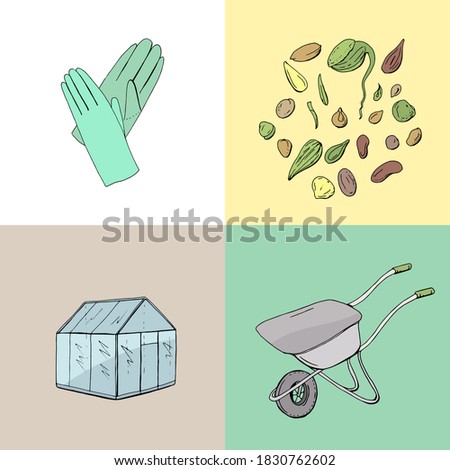 Colour set with different gardening tools. Object for growing plants at home and outdoors