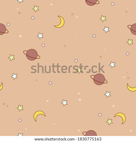 Seamless pattern with stars, moon and planets in cartoon style. Vector illustration for kids.