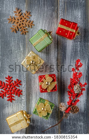 christmas greeting card with seasonal decoration, copy space