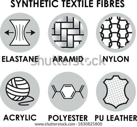 Synthetic textile fibre icons. Elastane, nylon, aramid, acrylic, polyester, PU leather fibers. Fabric symbols Royalty-Free Stock Photo #1830825800