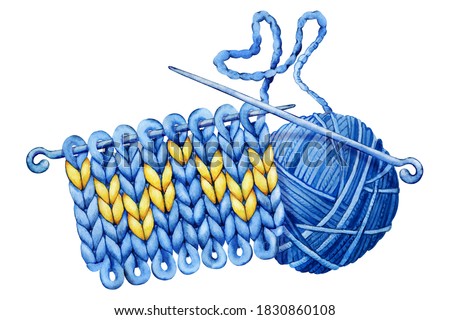 Knitted fabric with a pattern, knitting needles, a ball of yarn. Watercolor hand drawn illustration isolated on white background.