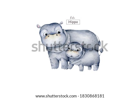 Cute baby Hippo with mother. Hand drawn adorable watercolor wildlife African animlas cartoon illustration on white background
