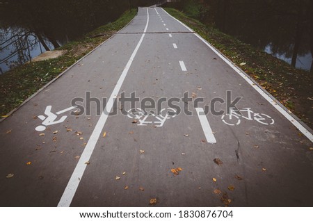 View of empty road in park marked with white pedestrian and bicycle signs during cloudy october day