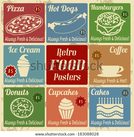 Set of vintage food posters or labels with place for price on retro style, vector illustration