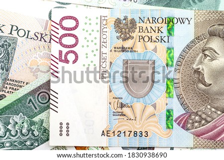 Macro photo of the front side of the rare Polish 500 zloty banknote, close-up on the profile of Jan III Sobieski.