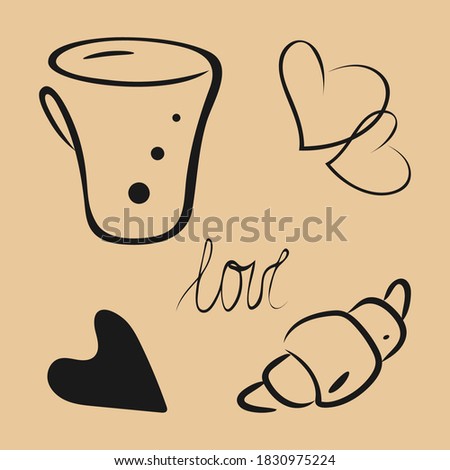 Coffee set of decorative isolated elemens. Hand drawn line sketch design of cup, hearts, brioche, lettering text LOVE. Cream background. Coffee collection. Vector 10