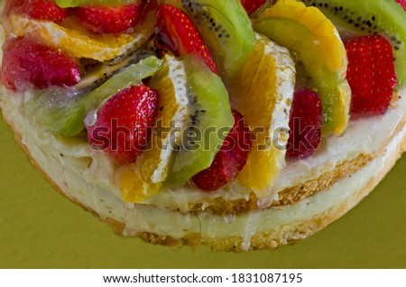 Appetizing fruit cake for birthday with rich decoration, Sofia, Bulgaria 