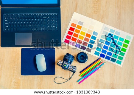 interior architect designer tools at work creativity renovation and technology concept color swatch samples for selection coloring studio