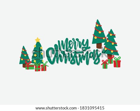 Merry Christmas and gift box and xmas tree for Postcard or Poster or Flyer template with retro pickup truck with christmas tree. Vintage styled vector illustration.