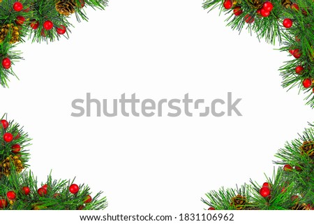 Christmas white background, framed by decorative branches of spruce and decorated with red balls and cones.