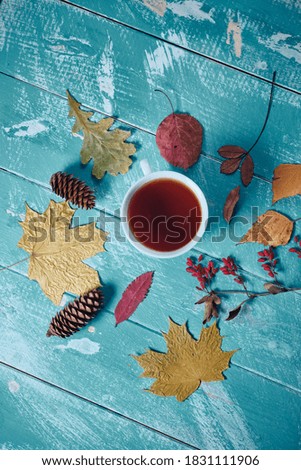 
tea and yellow leaves on blue wooden background
