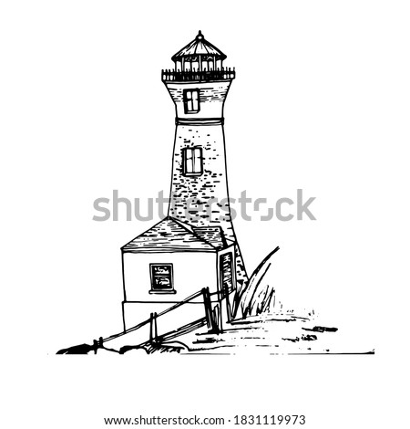 Beautiful lighthouse by the sea. Hand-drawn ink graphics. Coloring book for children and adults. Lighthouse, house, reeds, stairs. For textiles, wallpaper, design paper. Stock graphics Isolate. Marine