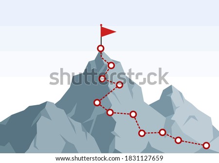 Mountain climbing route to peak. Hiking trip to the top of the mountain journey path. Route challenge infographic career top goal growth plan journey to success. Business climbing vector concept