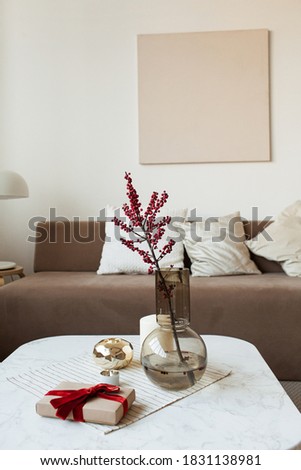 Red berries in vase, paper gift box on coffee table. Comfortable modern interior design concept. Sofa, lamp, blank picture frame on the wall. 