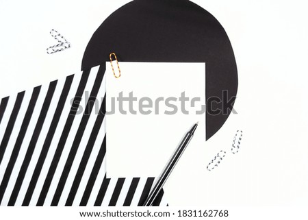    Flat lay mockup with black and white background, and office supplies ,  Top view mockup. Blog template       