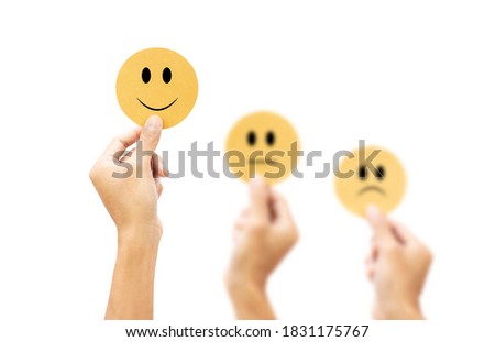 Customer showing rating feedback review with happy smile paper cut, customer satisfaction survey isolated on white background