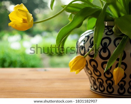 Dancing yellow tulips in a blue and white vase