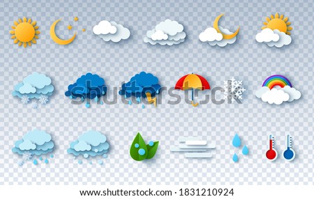 Paper cut weather icons set on transparent background. Vector illustration. White clouds, dew on leaves, fog sign, day and night for forecast design. Sun and thunderstorm stickers. Royalty-Free Stock Photo #1831210924
