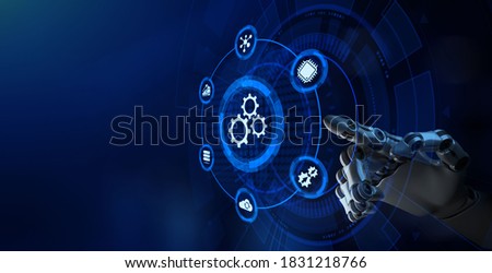 Gears icon Automation business technology concept. RPA. Robot hand pressing button. Royalty-Free Stock Photo #1831218766