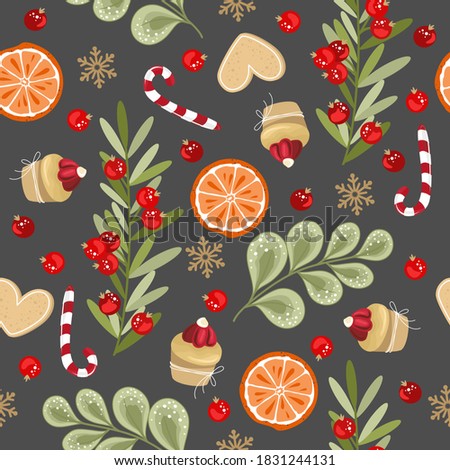 Christmas and New year festive seamless pattern for wrapping paper or fabric with different elemets. Fashionable vintage style.