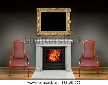Interior with wooden floor, fireplace and two armchairs against Black wall