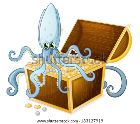 Illustration of an octopus above the treasure box on a white background