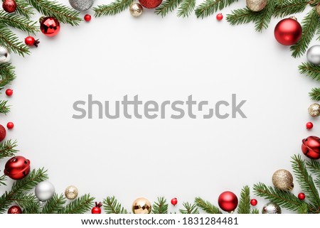 White Merry Christmas and Happy New Year background with oval frame. Blank for advertising text with copy space. Top view, flat lay