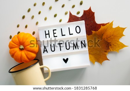 Festive autumn decor with pumpkin, leaves and lettering on a lightbox hello autumn on a white background. Concept of Thanksgiving day or Halloween. Flat lay autumn composition