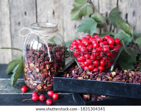 Useful properties of hawthorn berries. Harvesting of dried hawthorn for future use. Fresh red and dried hawthorn on a wooden background.Alternative traditional medicine using hawthorn. Royalty-Free Stock Photo #1831304341