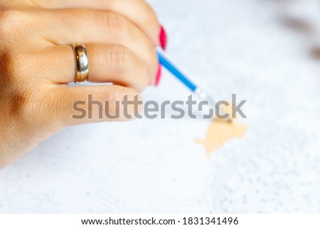 Married woman draws with a brush. Girl paints a picture. Painting by numbers.