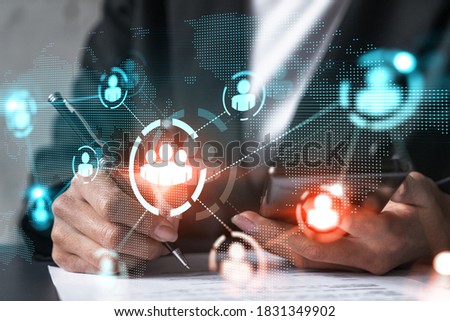 Social network theme hologram and a woman signing contract use phone. Multiexposure.