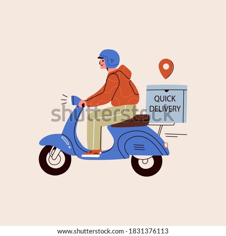 Delivery man or boy riding motorcycle with delivery box. Courier on the Scooter. Takeaway Food or Parcel delivery service concept. Cute funny character. Hand drawn isolated trendy Vector illustration