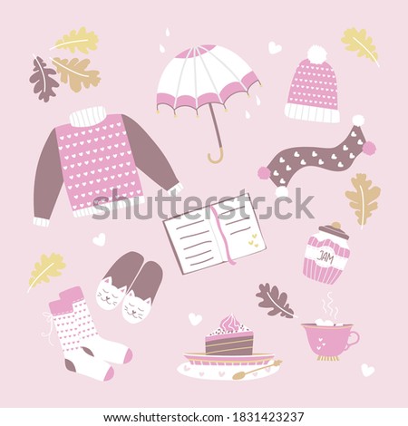 Vector collection of autumn icons: sweater, falling leaves, cozy food, candles, book and umbrella. Scrapbook collection of fall season elements. Autumn set in doodle style.