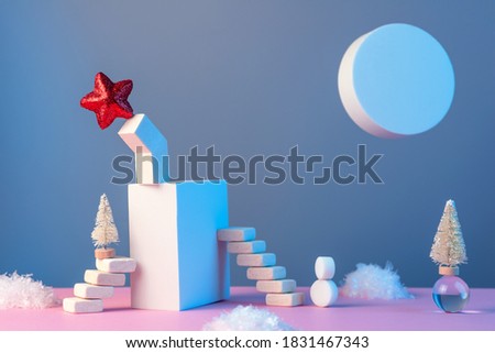 Winter New Year's still life with stairs, Christmas tree, star, sun, snow and geometric shapes on a pink blue background, in a neon light.