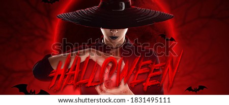 Creative halloween flyer. Girl witch in a hat conjures. Halloween concept, poster, copy space, Mixed media