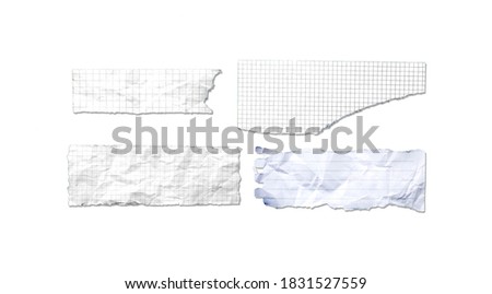 White ripped note, notebook paper stuck with sticky tape on white background.