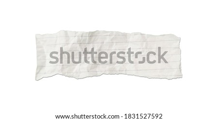 White ripped note, notebook paper stuck with sticky tape on white background.