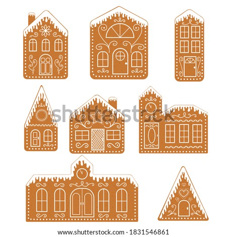 Set of isolated gingerbread houses. Traditional Christmas cookies. Vector flat illustration Royalty-Free Stock Photo #1831546861