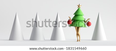 3d render. Green Christmas tree cartoon character, coquette model with slim legs in the row of white cones. One of a kind concept. Minimal seasonal clip art isolated on white background. Unique toy
