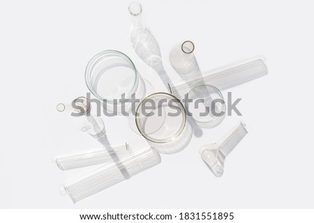 Natural medicine, cosmetic research, bio science, organic skin care products. Top view, flat lay. Skincare. Scientific laboratory glassware. Research and development Concept. Royalty-Free Stock Photo #1831551895