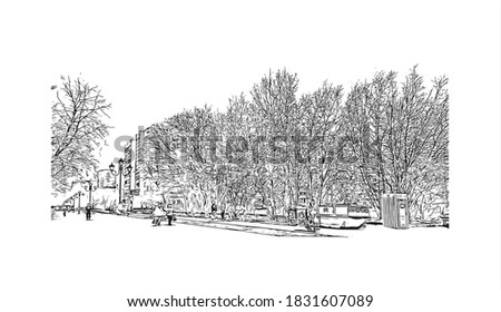 Building vith with landmark of Balashikha is a city in Russia. Hand drawn sketch illustration in vector.