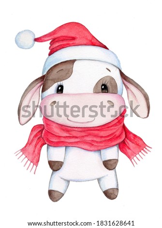 Cute cartoon santa baby cow, bull, symbol of new year 2021. Watercolor hand drawn illustration, isolated.