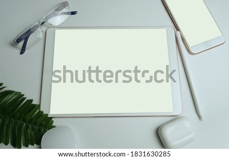 Office equipment model, top view, separate copy area, white background, screen focus selection.