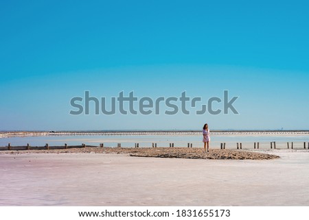 A women in the distance in a panoramic picture of a pink lake with a high content of salt and algae that give rose water.