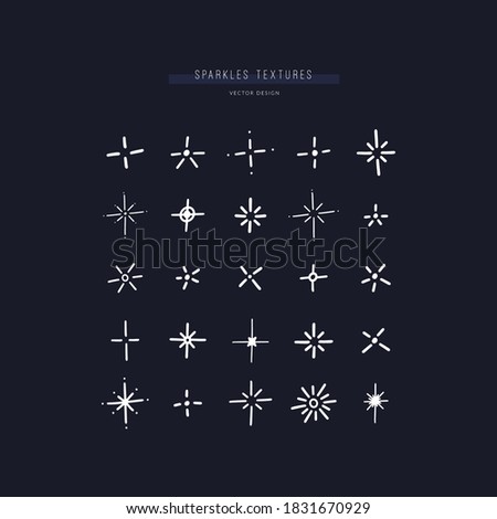 Set of 25 different stars and sparkles. Bundle of various shining textures and decorations. Vector hand drawn elements. 