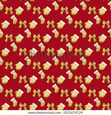 Seamless pattern background of sock, bow, mitten. For holiday decorating greeting cards for wedding, birthday, Valentine's day, new year, Christmas
