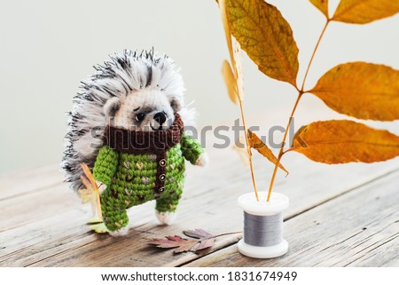 Autumn. Handmade knitted toy. Amigurumi. Toy hedgehog in the green color overalls  on the wooden background. Crochet stuffed animals. 