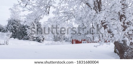Winter scenery with red cottage surrounded by trees covered with snow and frost